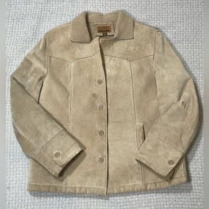 Vintage Esprit Suede Leather Sherpa Lined Button Up Coat Tan Size Large